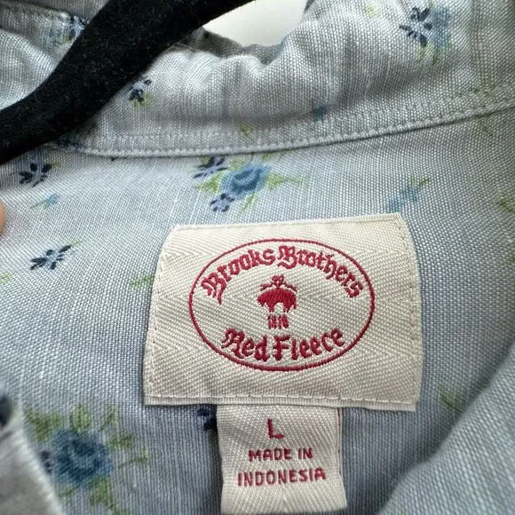 Brooks Brothers Red Fleece Linen Blend Shirt Men's Large Blue Floral Long Sleeve - Picture 7 of 10